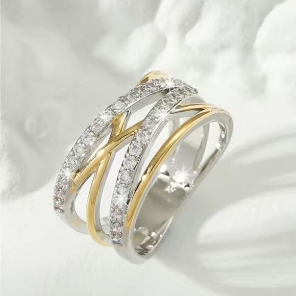 14K Two Tone Gold and Silver Plated Ring with Criss Cross Zircon Band - Picture 4 of 9